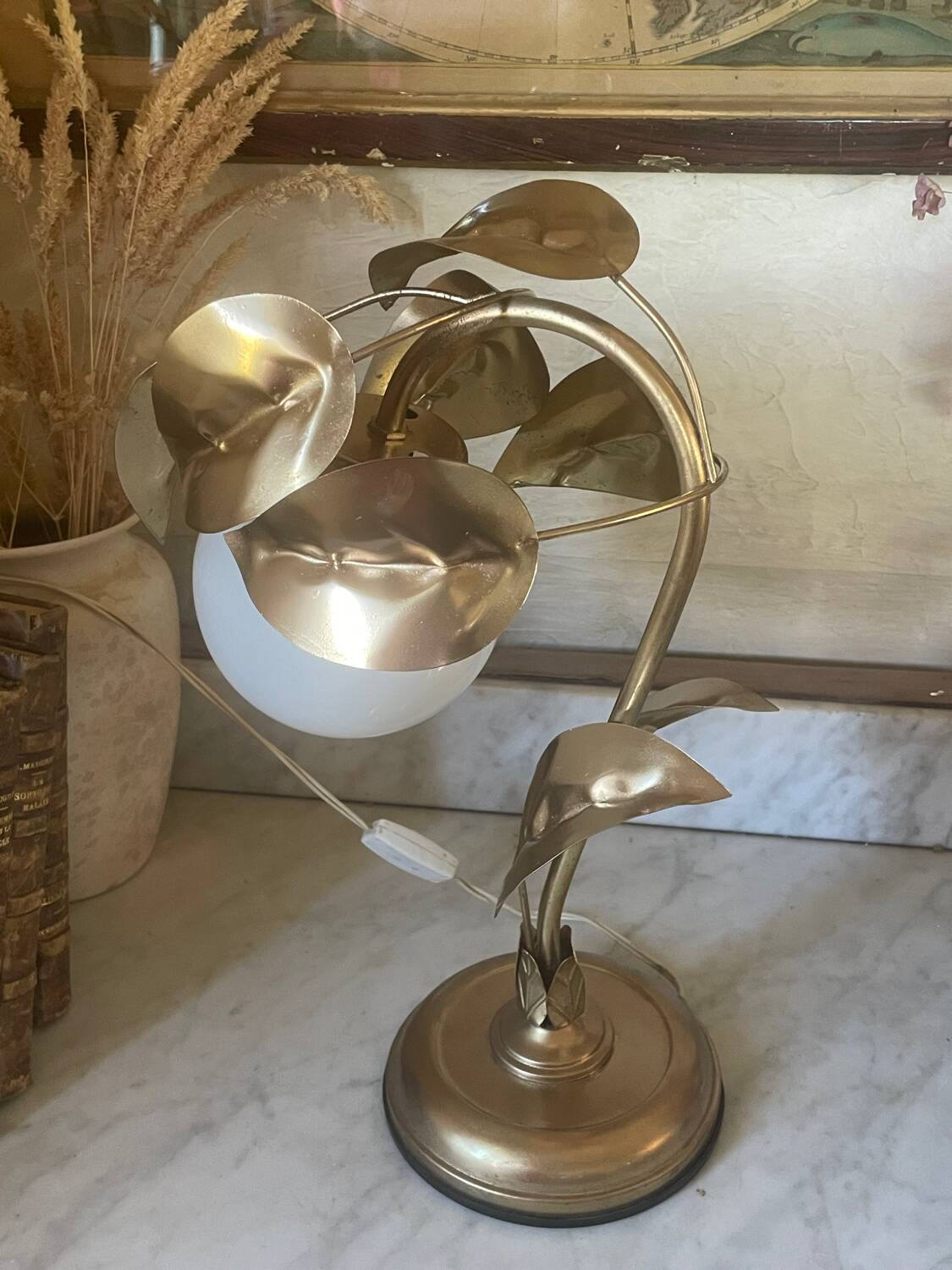 70s gold metal and opaline lamp