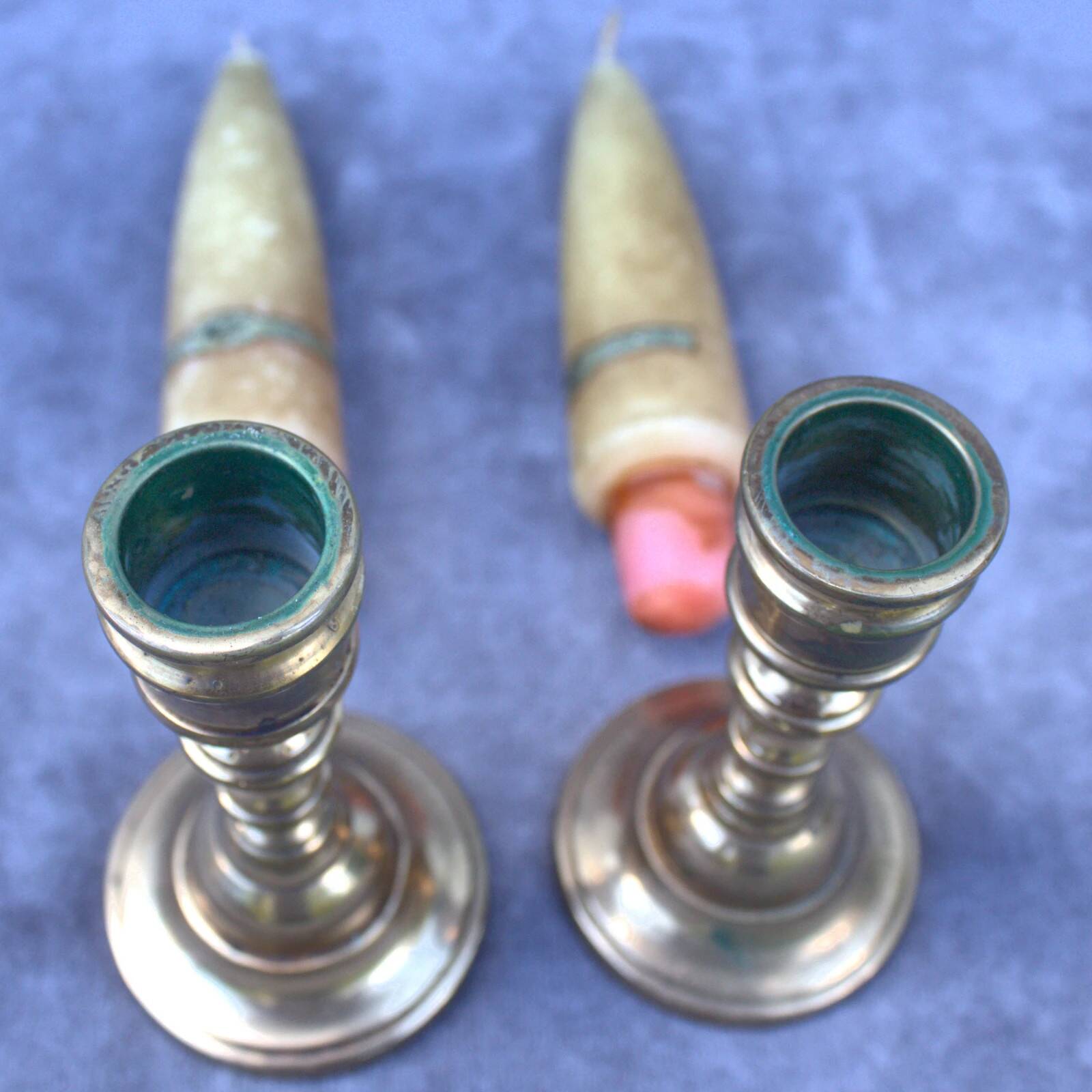 Vintage Set of 2 Brass Candle Holders with Antique Candles, Elegant Home Decor