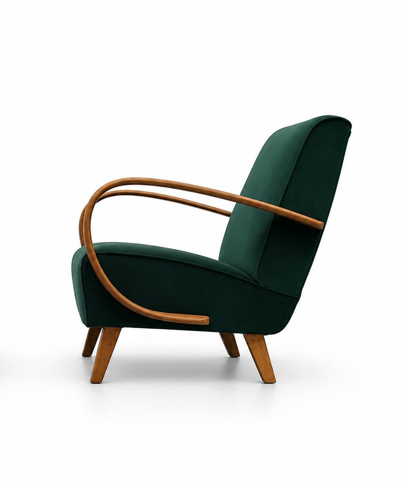 Fauteuil en bois courbé Jindrich Halabala de 1930 en velours vert émeraude
