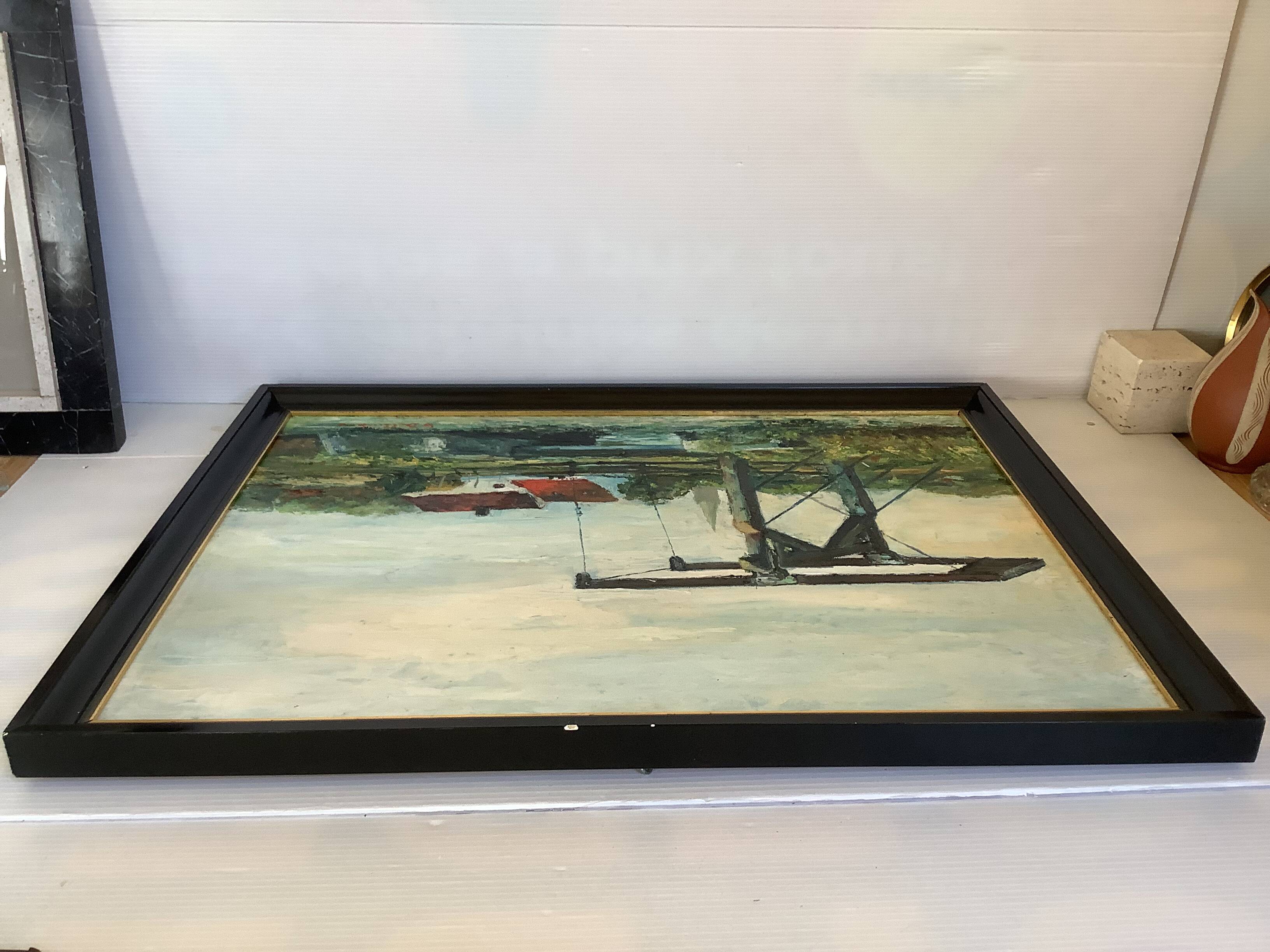 Canal landscape painting oil on panel signed