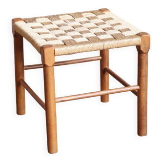 Vintage kruk riet hout gevlochten
