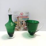 Pair of Green Hand-Blown Glass Wine and Water Pitchers, Empoli