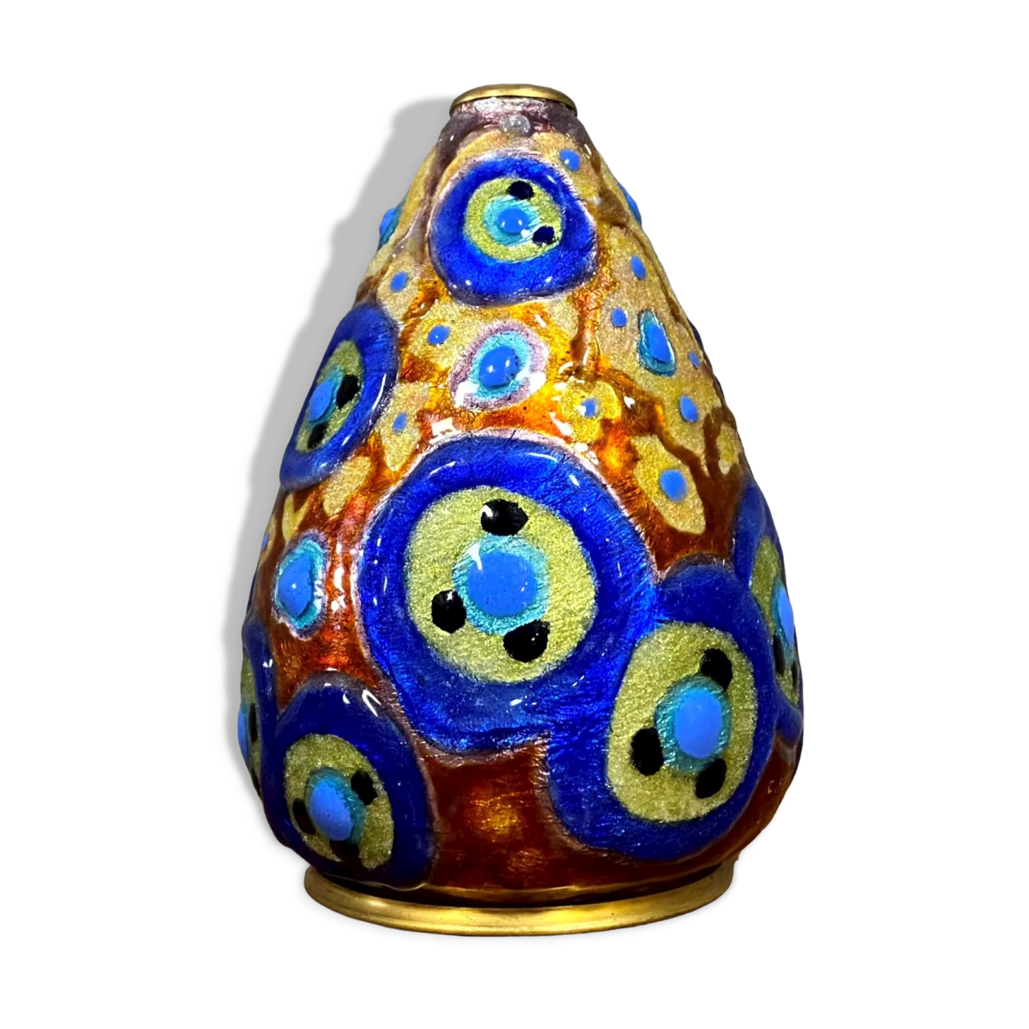 Camille Fauré: Oblong vase circled with brass at the neck and resting on a circular base