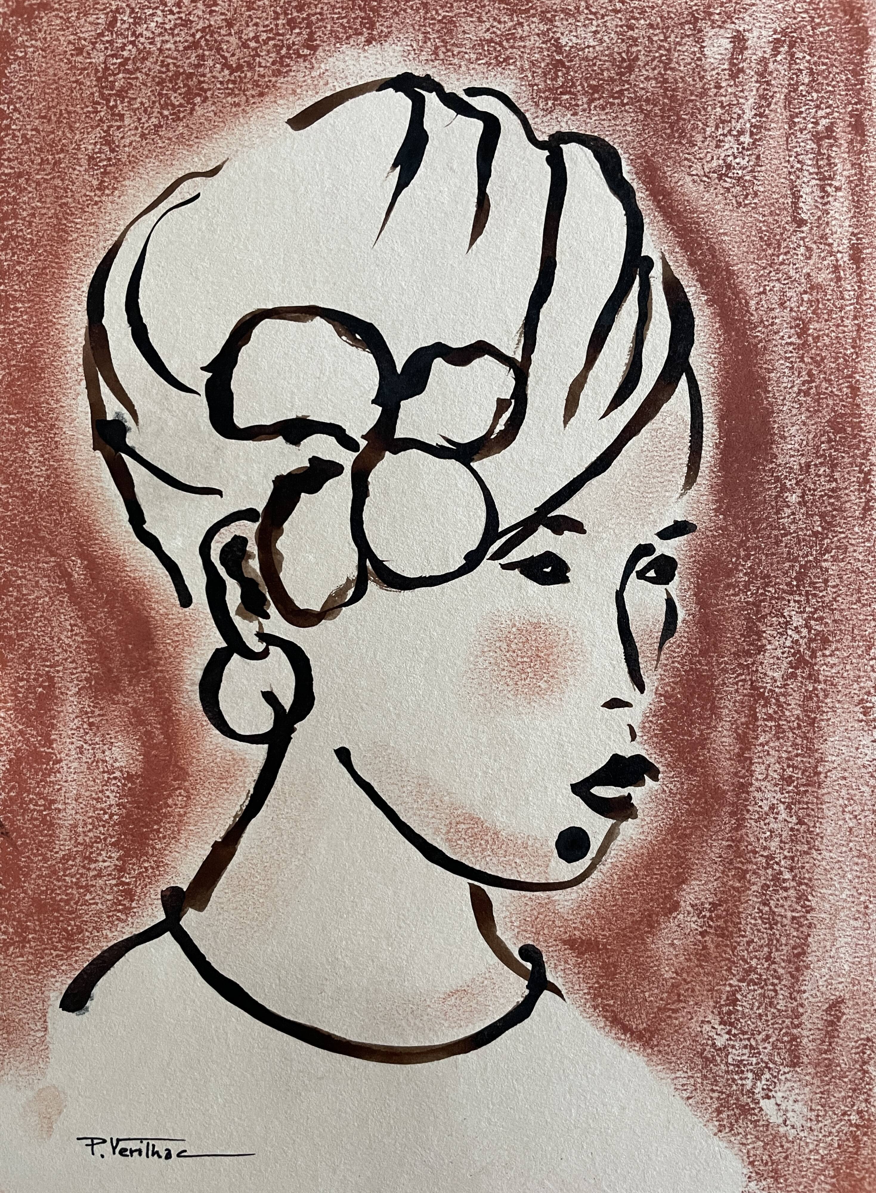 Signed painting in Indian ink and pastel, female portrait “study with a curl”