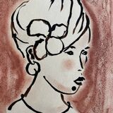 Signed painting in Indian ink and pastel, female portrait “study with a curl”