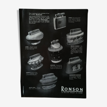 An old paper advertisement for ronson brand lighters from a period magazine from 1956