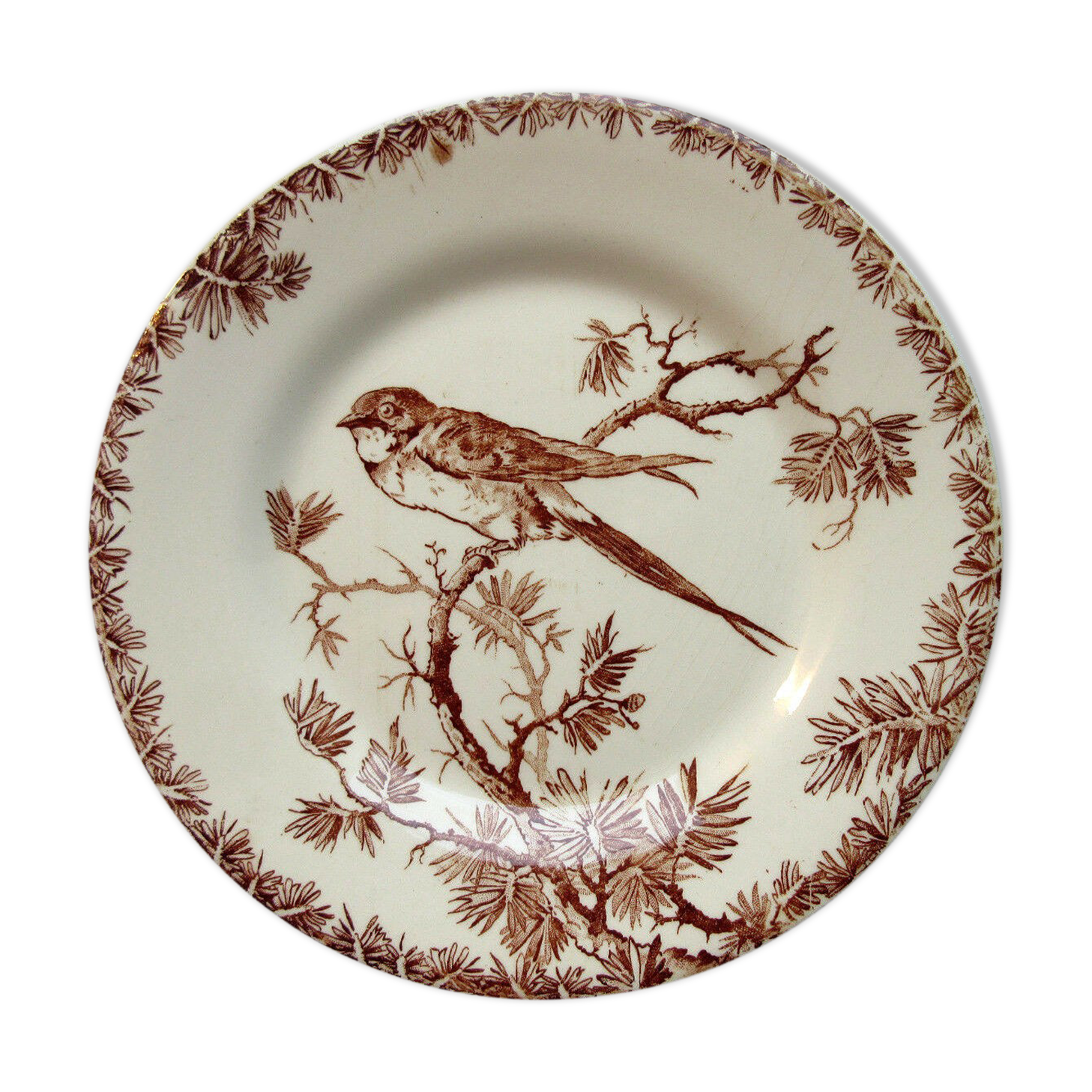 GIEN Provençal style dessert plate in brown: Swallow on a pine branch
