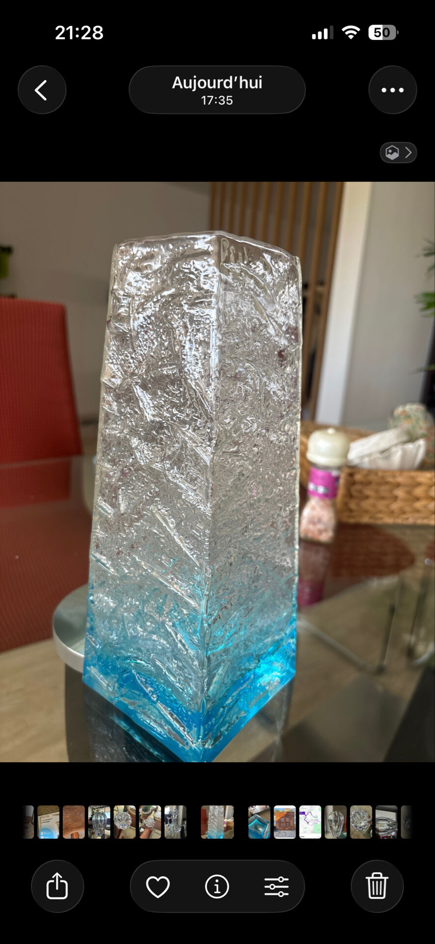 Vintage textured blue glass vase. 1970s.