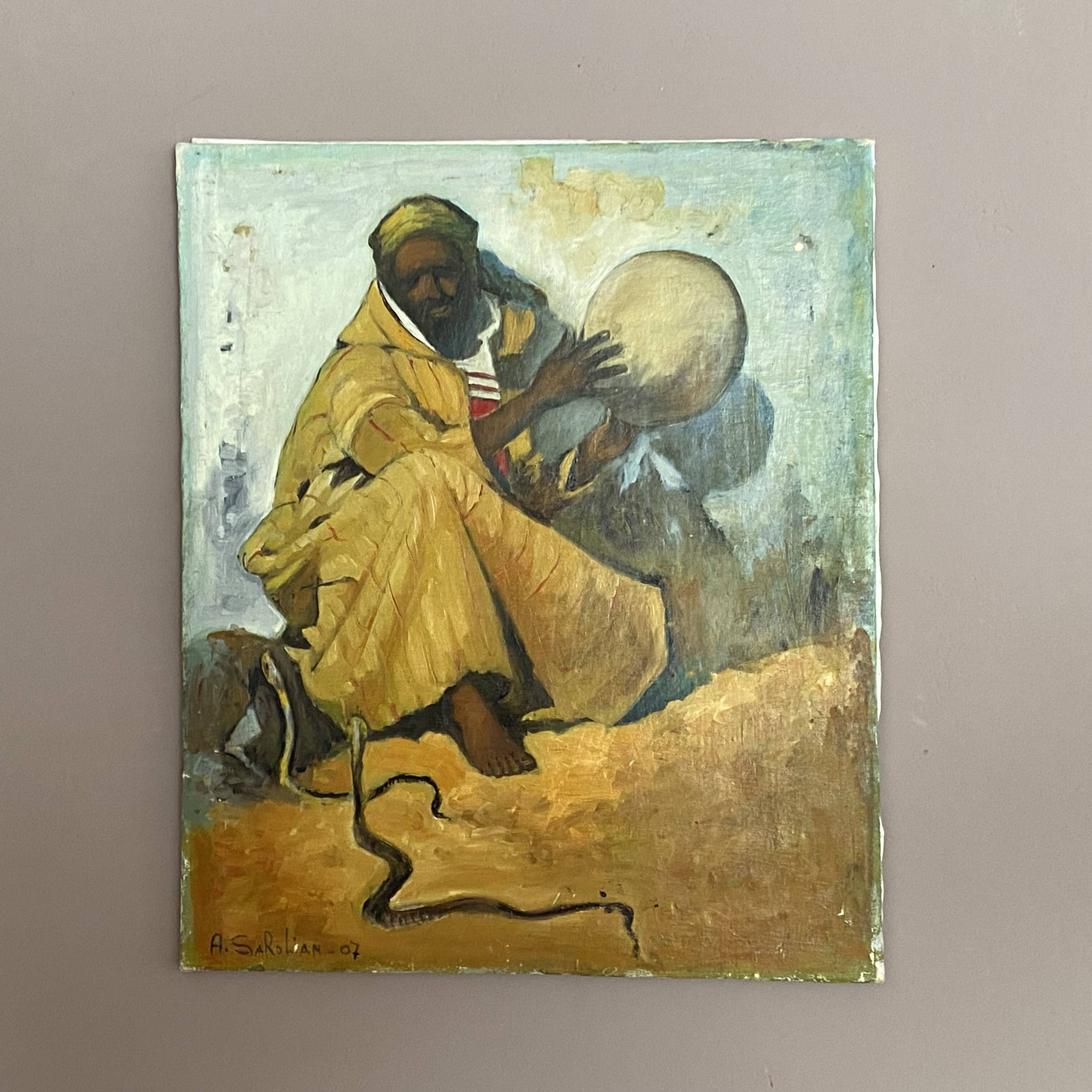 Orientalist oil on canvas. The snake charmer. 55x46.