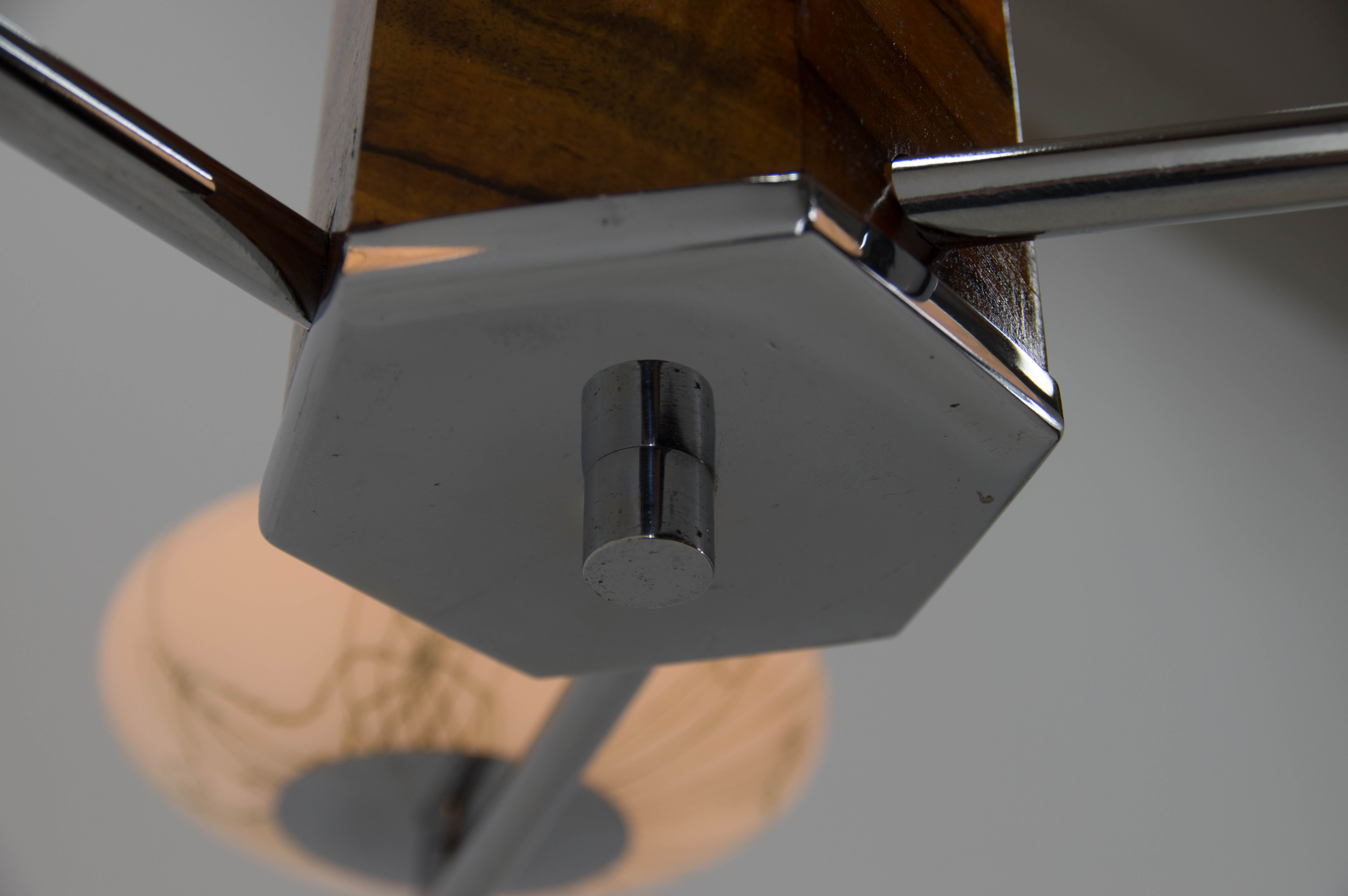 Art deco wood chrome and glass chandelier, 1940s, restored