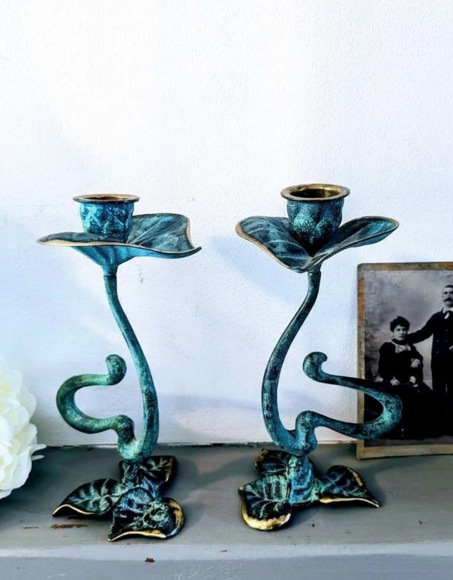 Pair of patinated greenish-blue bronze candlesticks Art Nouveau style