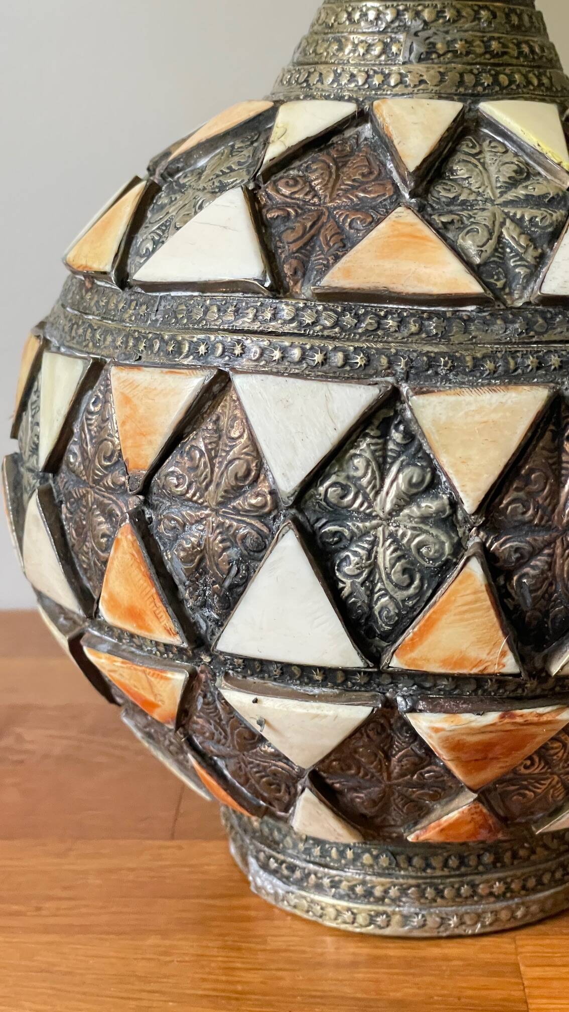 Vintage handcrafted lamp, pottery and silver-plated metal