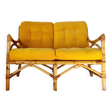 Banquette en rotin années 60 - velours jaune