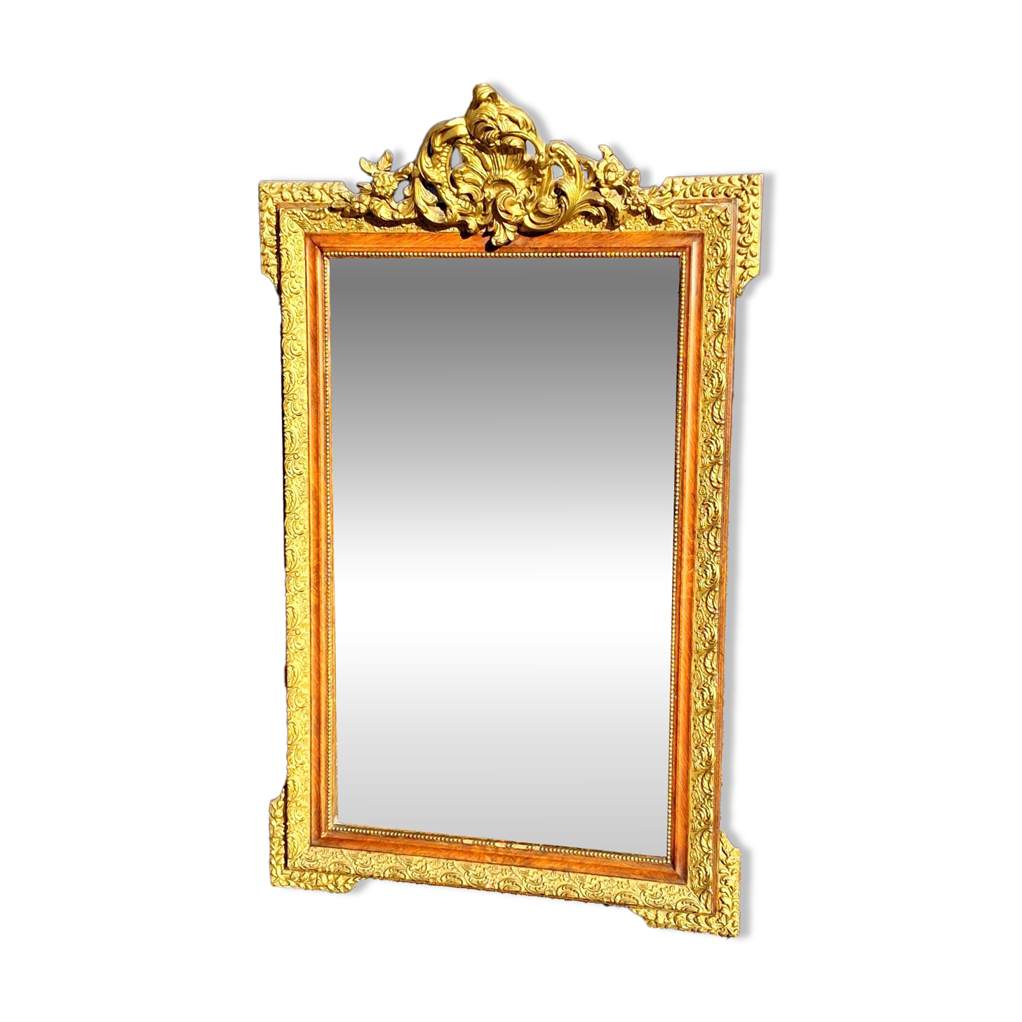 Authentic original Italian fireplace mirror, frame and pediment.