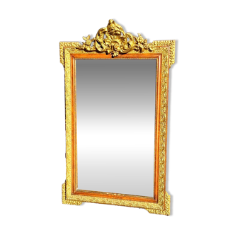 Authentic original Italian fireplace mirror, frame and pediment.