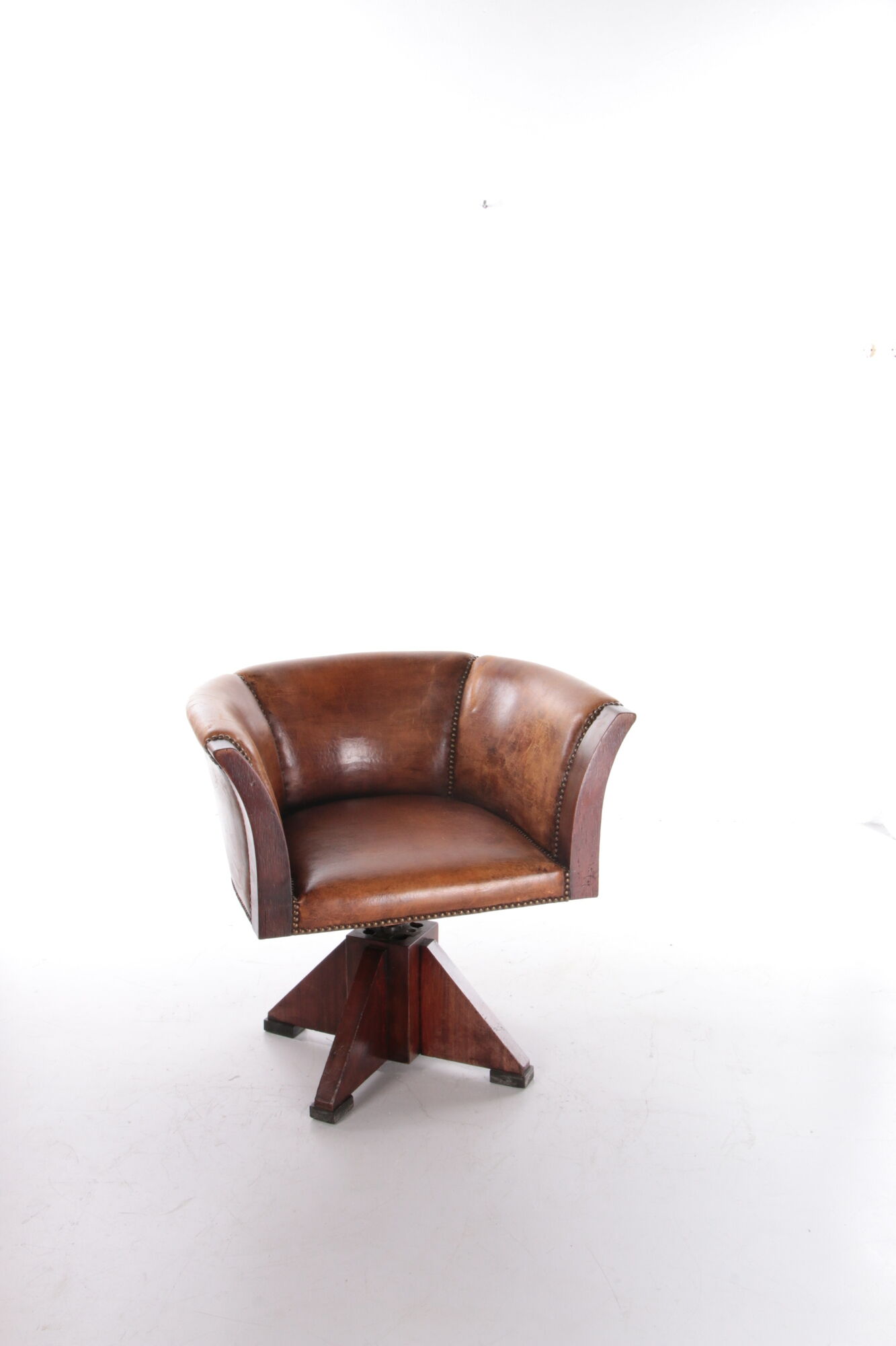 Sheepskin leather desk chair with wooden swivel base, 1970