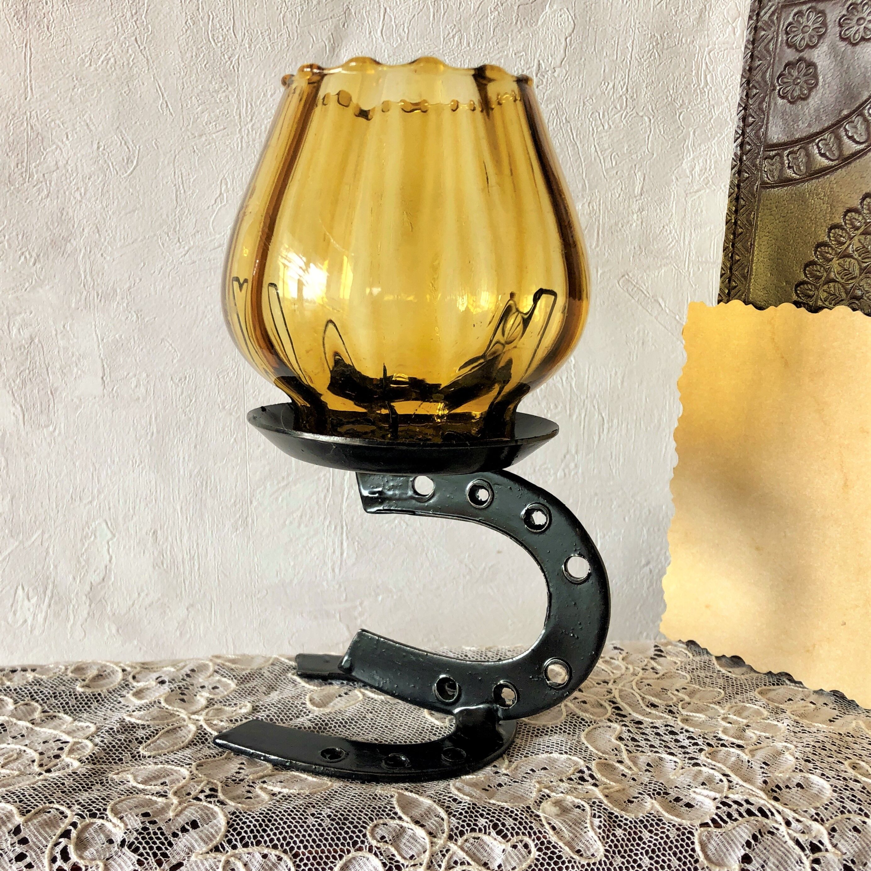 Candle holder photophore metal horseshoe and vintage amber glass