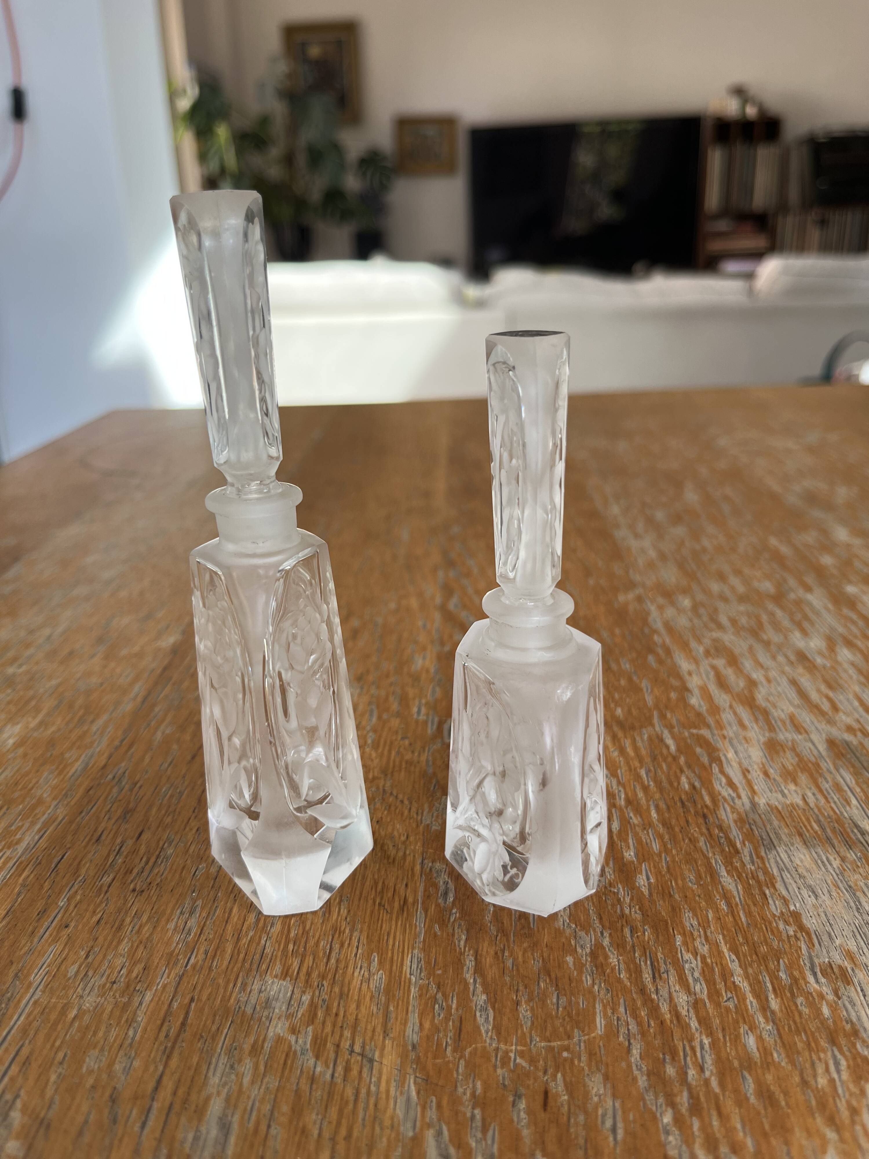 Pair of antique frosted crystal perfume bottles – Signed Charet