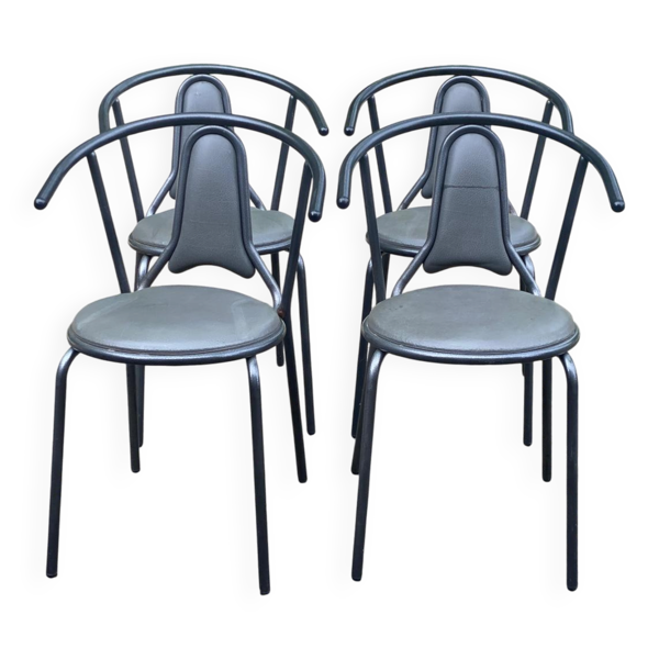 4 chaises de bistrot vintage acier et cuir gris 1980