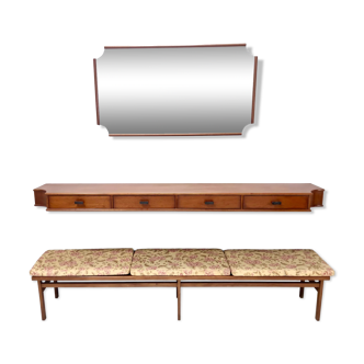 Vintage Entryway Set of Wall Mirror, Walnut Console and Bench by Brugnoli, Italy