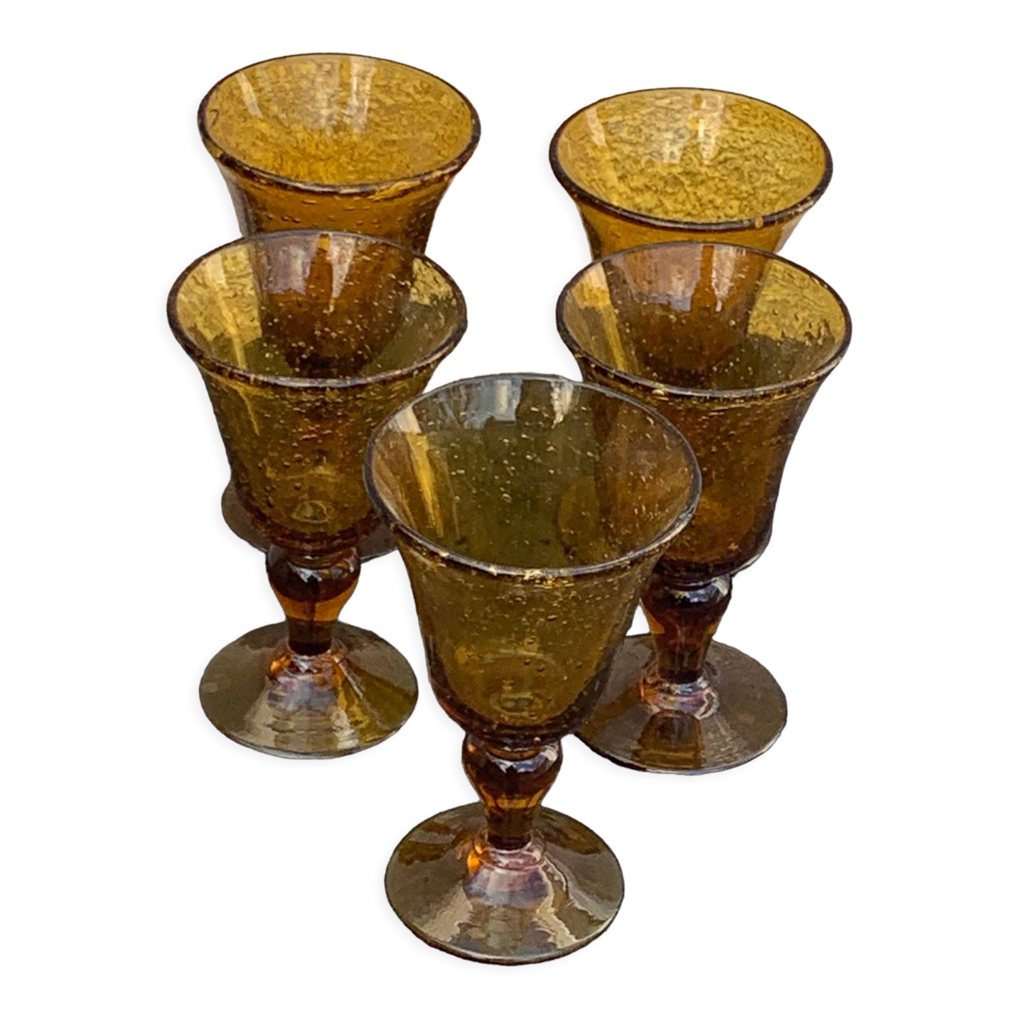 5 ocher blown glass wine glasses from Biot vintage glassworks