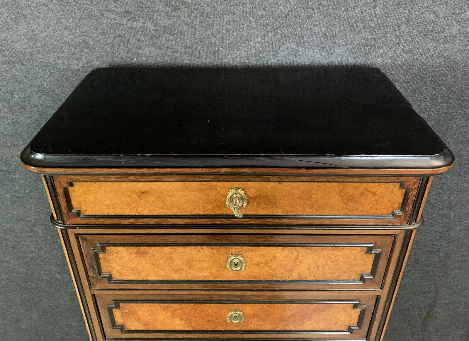 Napoleon III era secretary in elm and walnut marquetry
