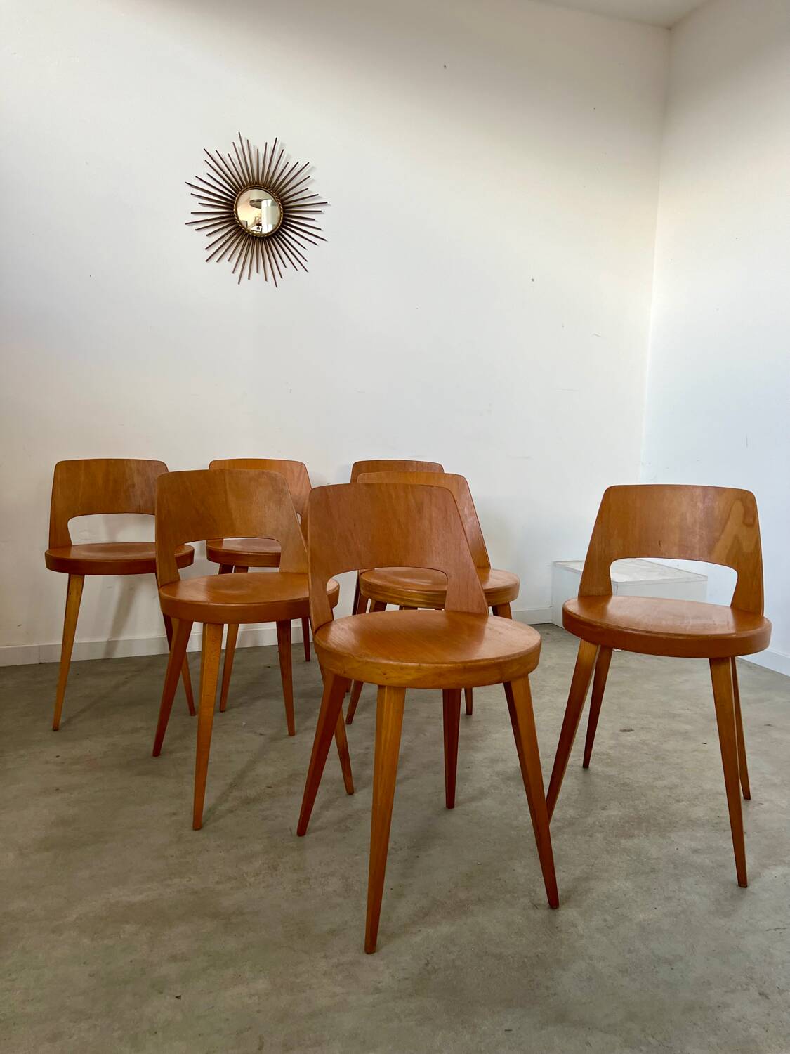 Lot of 7 old Baumann Mondor low back wooden chairs design 60s vintage