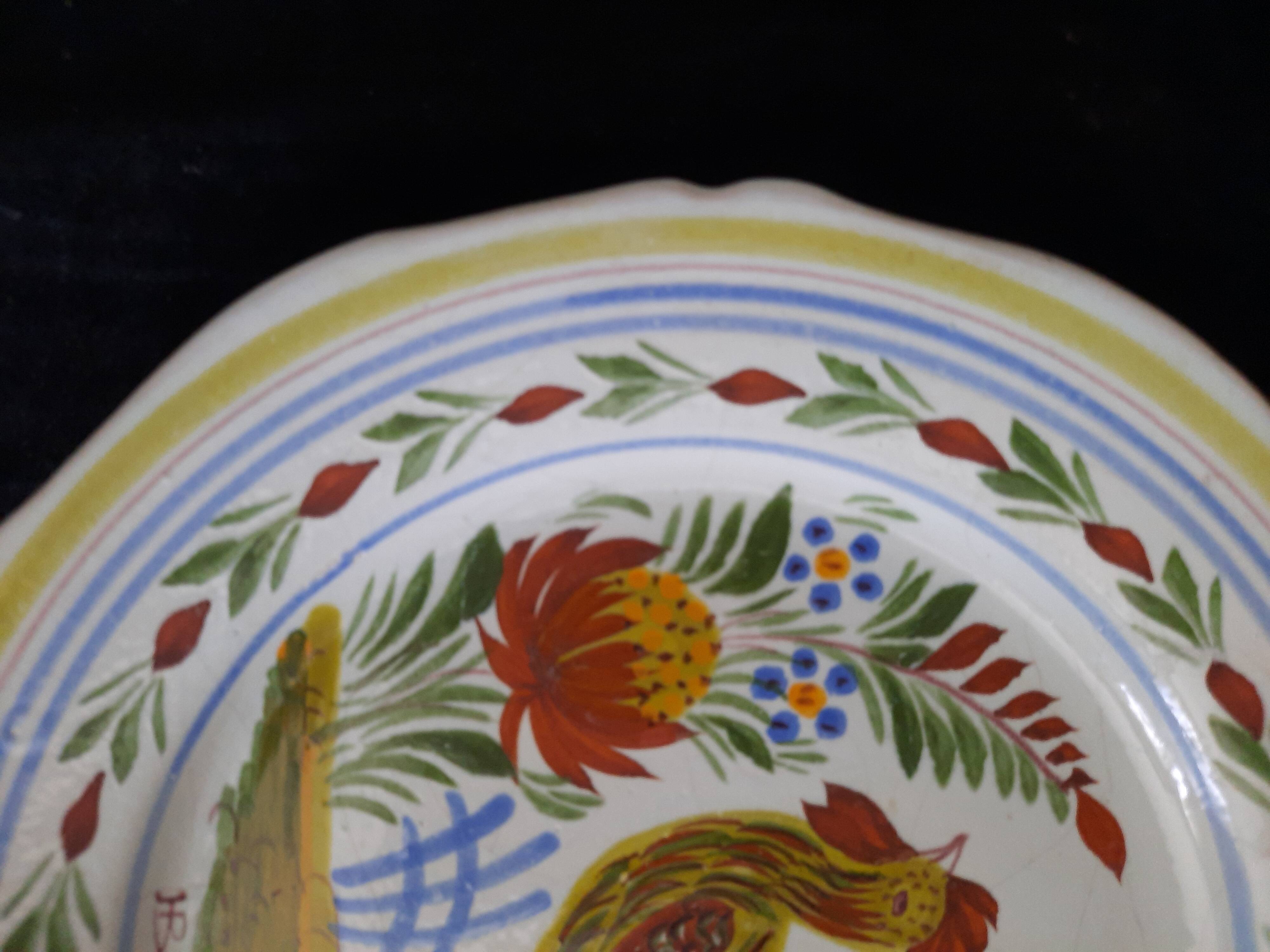 Old HB Quimper Plate Traditional Hand-Painted Rooster Decoration Earthenware 25cm