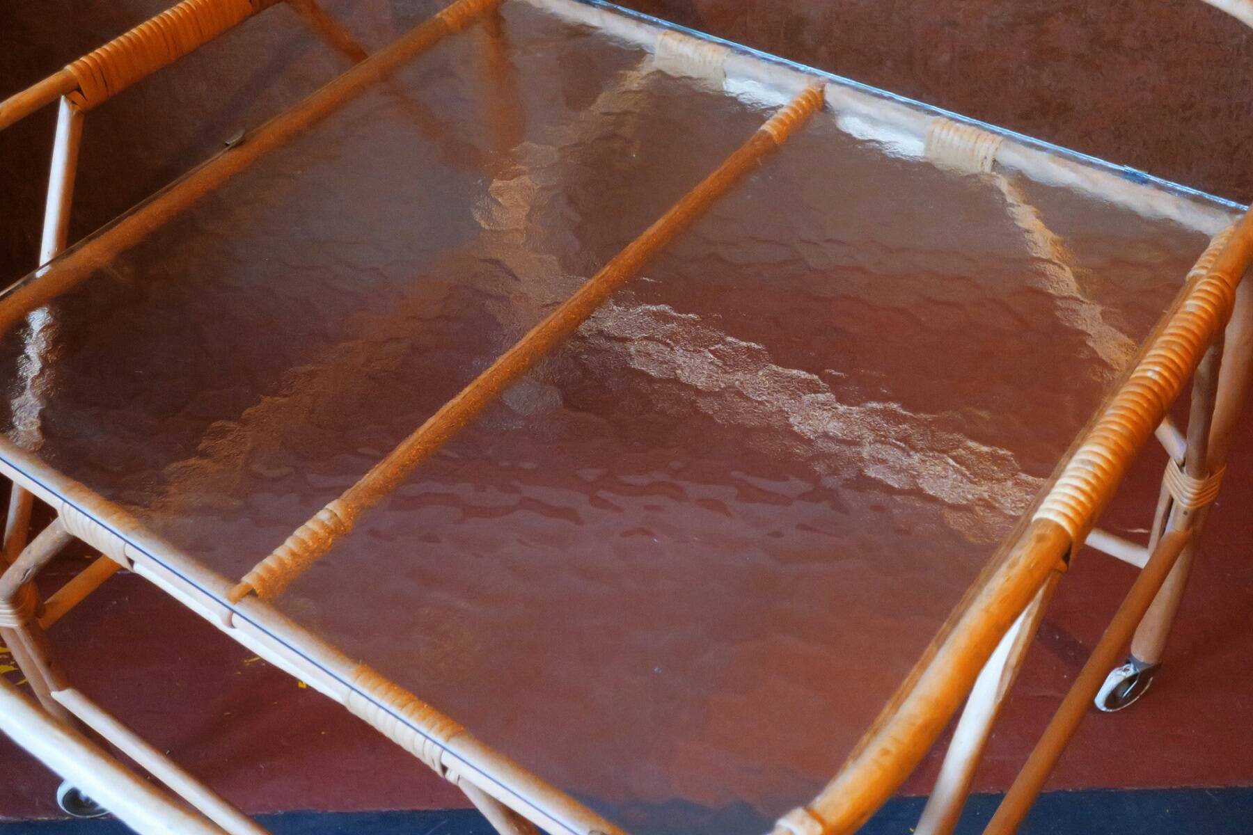 Bamboo and frosted glass fine serving trolley, 1950s-60s
