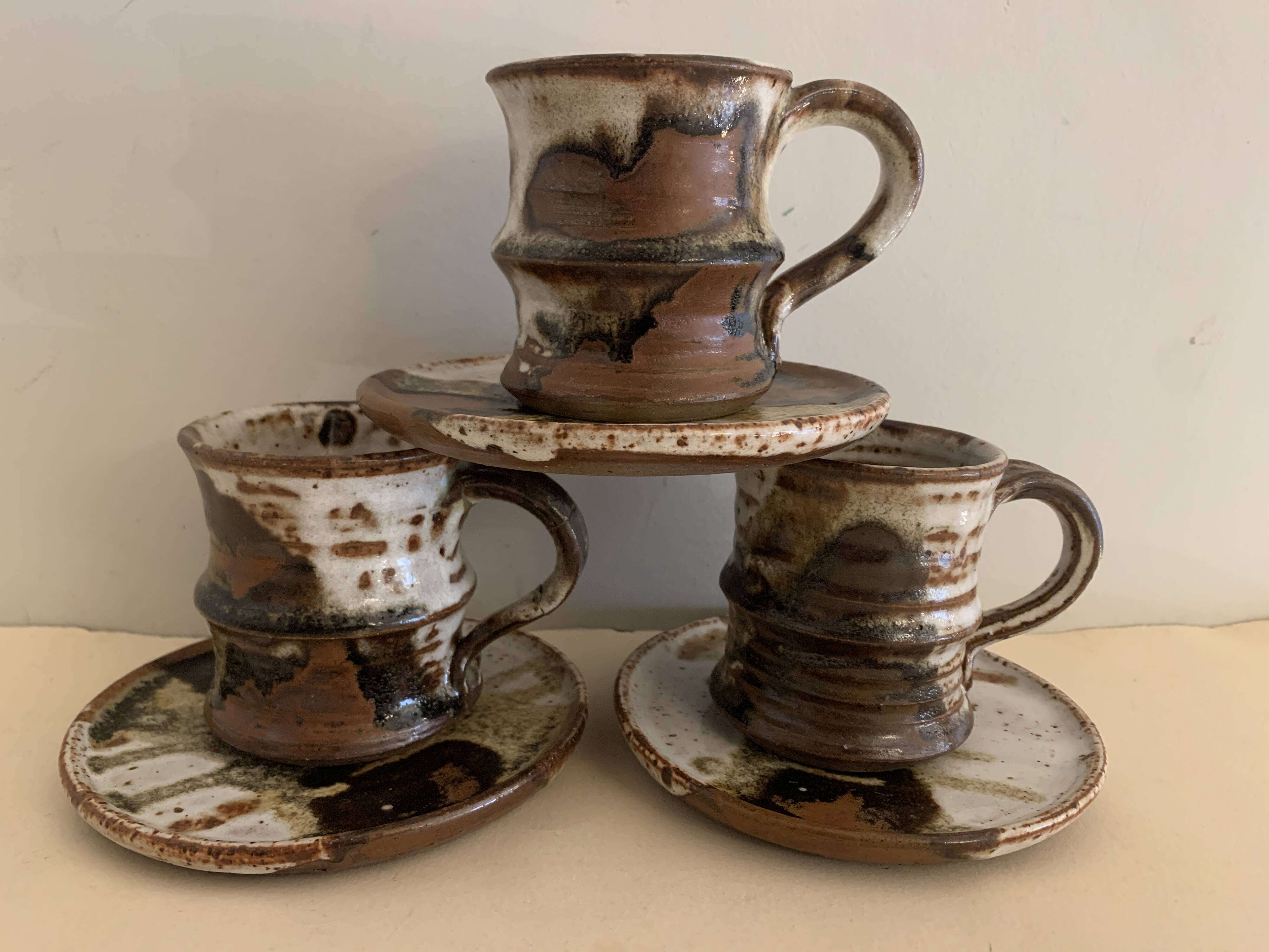 Set of 3 Danish Waldorff cups and 3 saucers in glazed stoneware