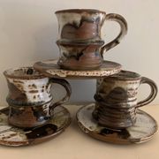 Set of 3 Danish Waldorff cups and 3 saucers in glazed stoneware