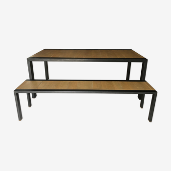 Table with Fermob bench in natural wood and iron