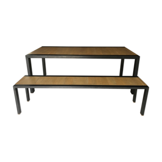 Table with Fermob bench in natural wood and iron