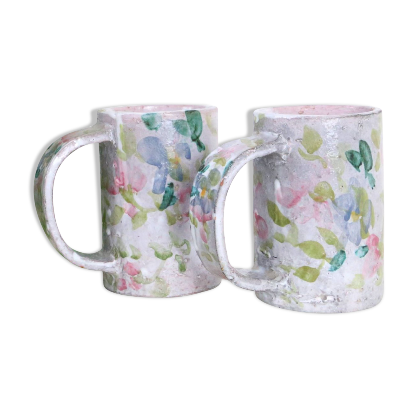 Set of 2 stoneware mugs, artisanal pottery, 1980