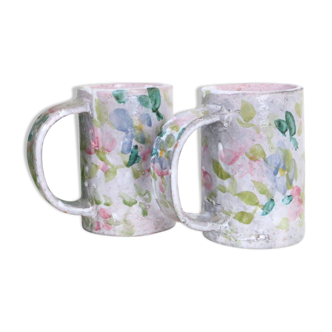 Set of 2 stoneware mugs, artisanal pottery, 1980
