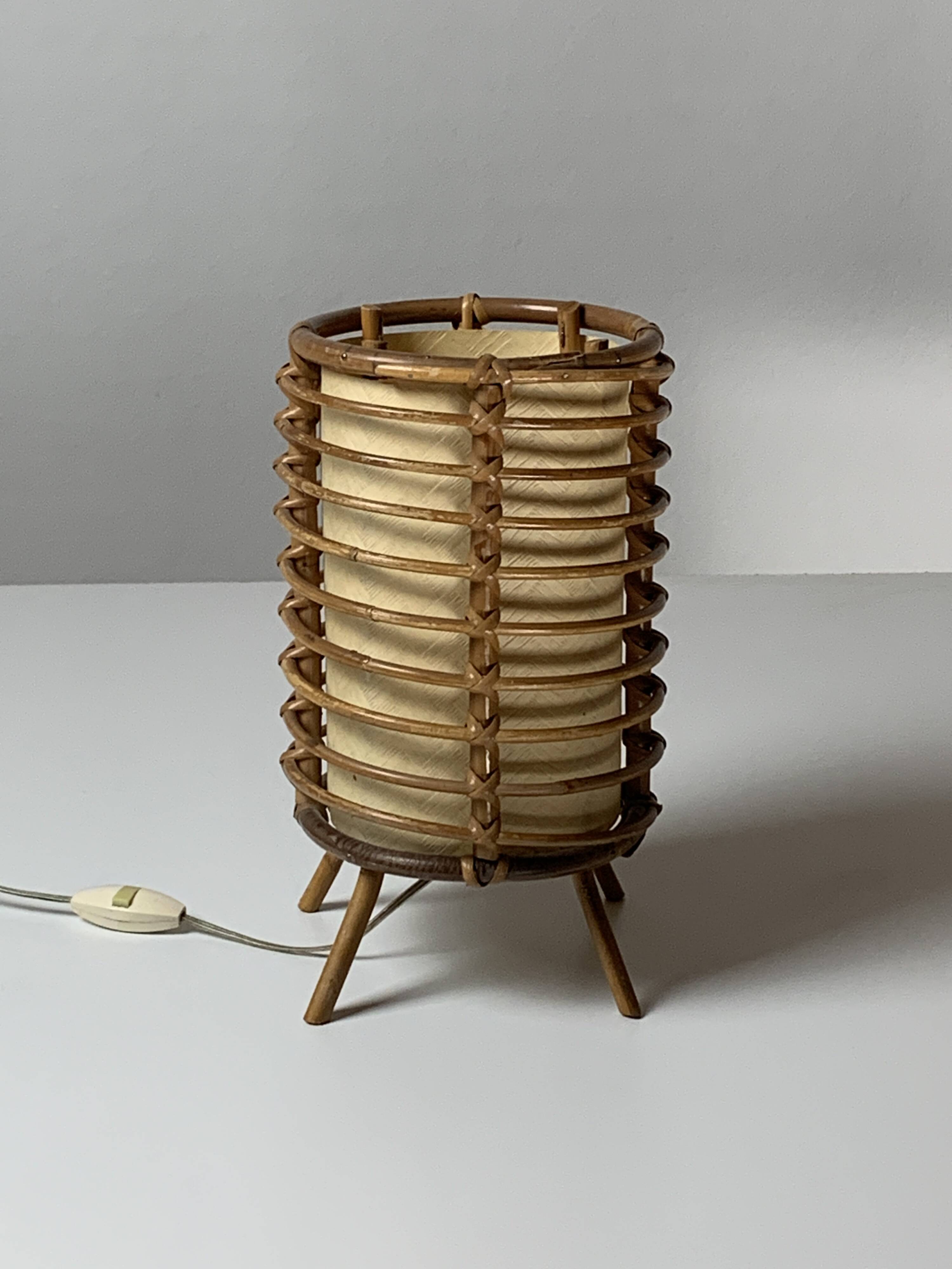 Bamboo cylindrical table lamp by Louis Sognot, France 1950s