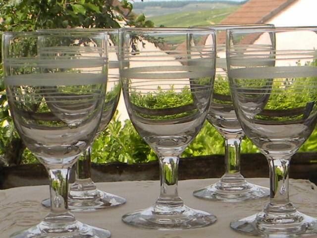 Set of 5 antique bistro glass water glasses.