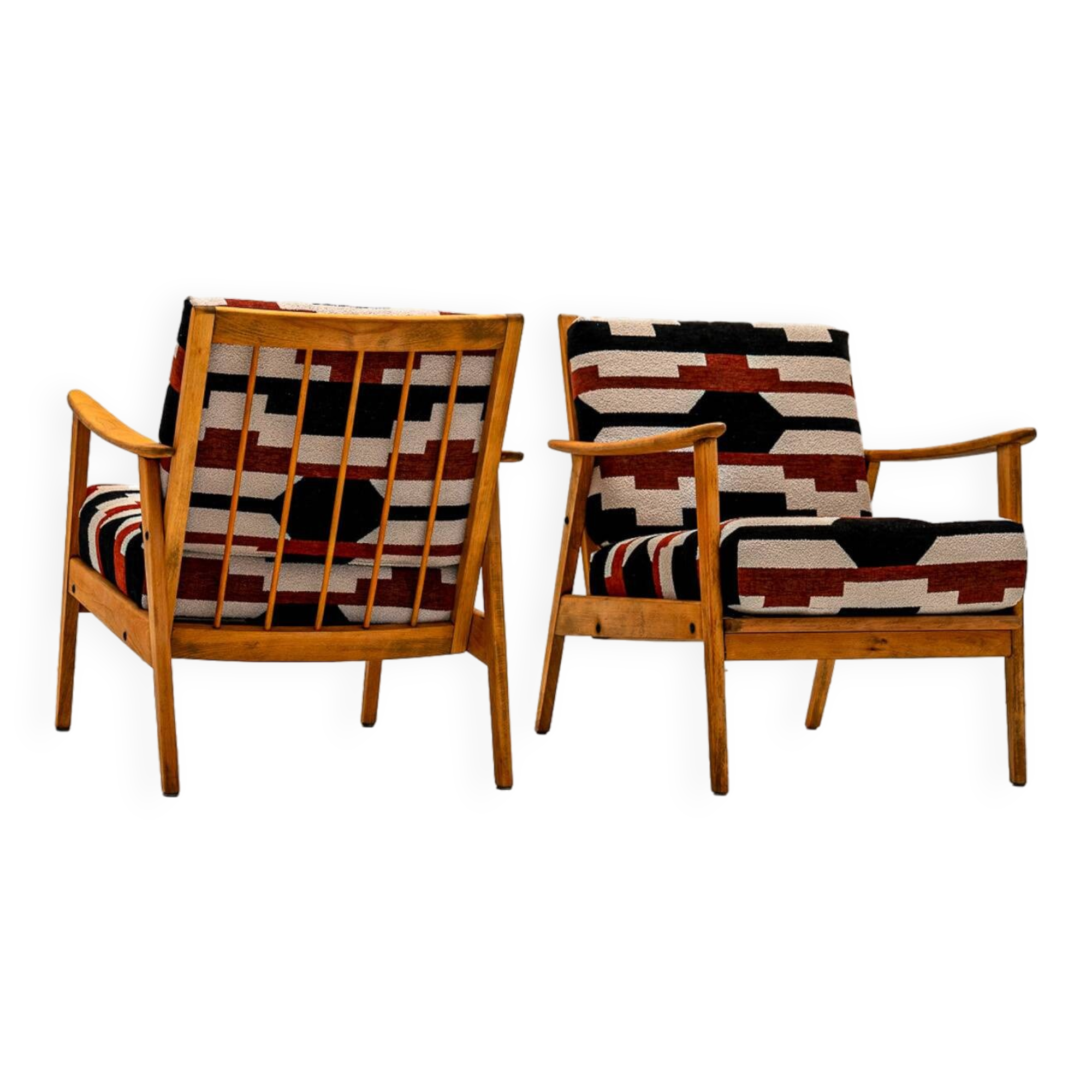 Pair of armchairs with bold geometric upholstery