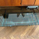 70s design coffee table in rectangular glass with chrome legs.