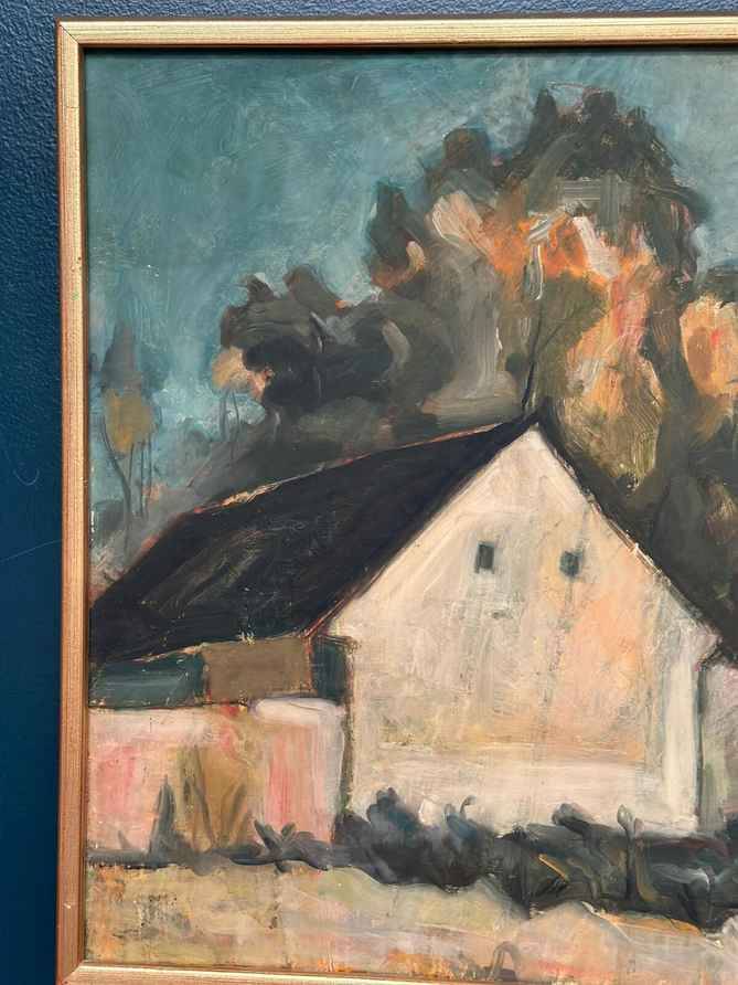 Original Swedish Oil On Panel – “House” By M. Olofgoluth – Dated 1969 – Vintage & Framed – 71 × 50 Cm (28" × 19.7")