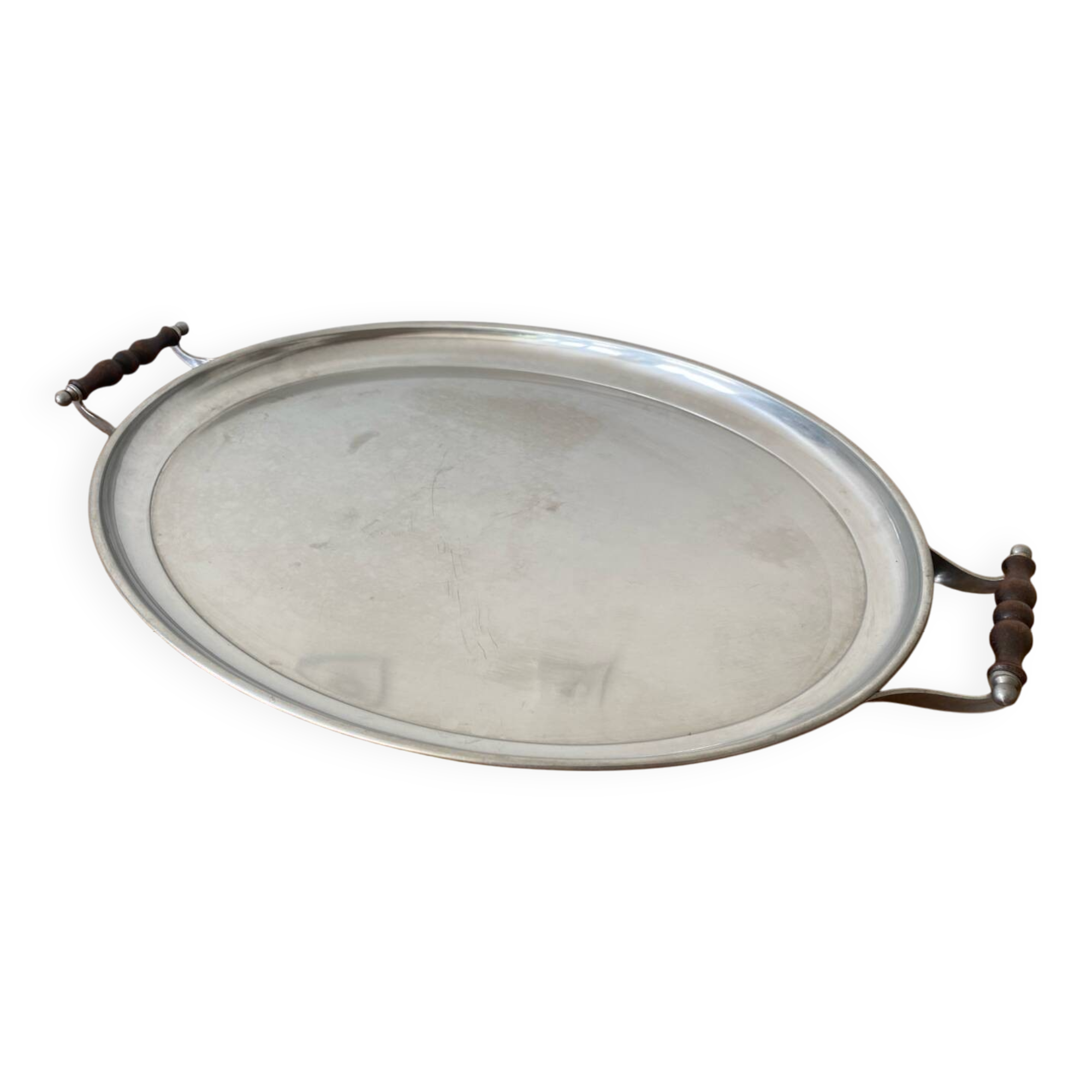 Old jean couzon serving tray stainless steel metal + vintage wooden handles #c