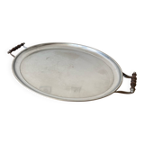 Old jean couzon serving tray stainless steel metal + vintage wooden handles #c