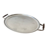 Ancien plateau de service jean couzon métal inox + anses bois vintage #c