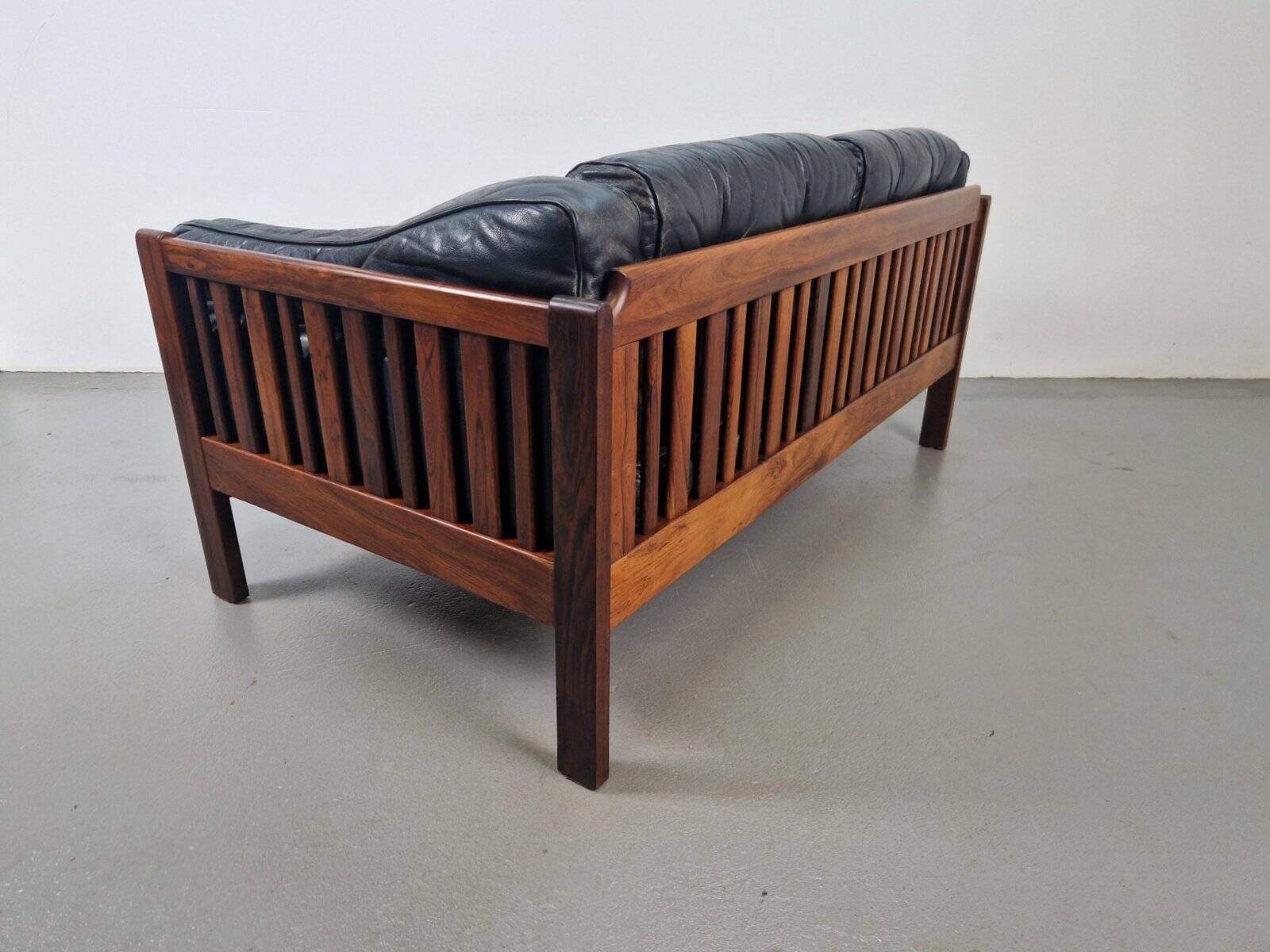 Mid-Century Modern Scandinavian Monte Carlo Sofa in Black Leather and Wood by Ingvar Stockum, 1965