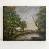 Old oil painting on canvas of a landscape by the pond.