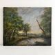 Old oil painting on canvas of a landscape by the pond.