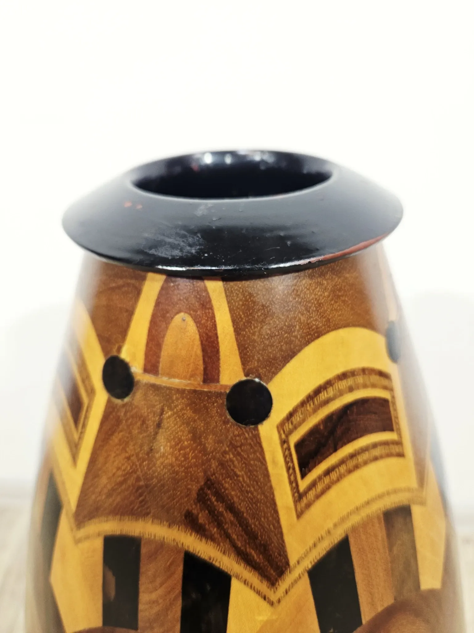 Monumental wooden floor vase / intarsia / wood mosaic / Africa / 1950s–1960