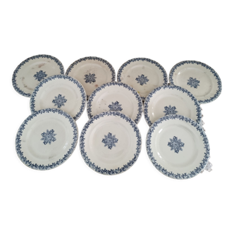 Lot de 10 assiettes plates en terre de fer s&g modèle grec bleu 19e siècle