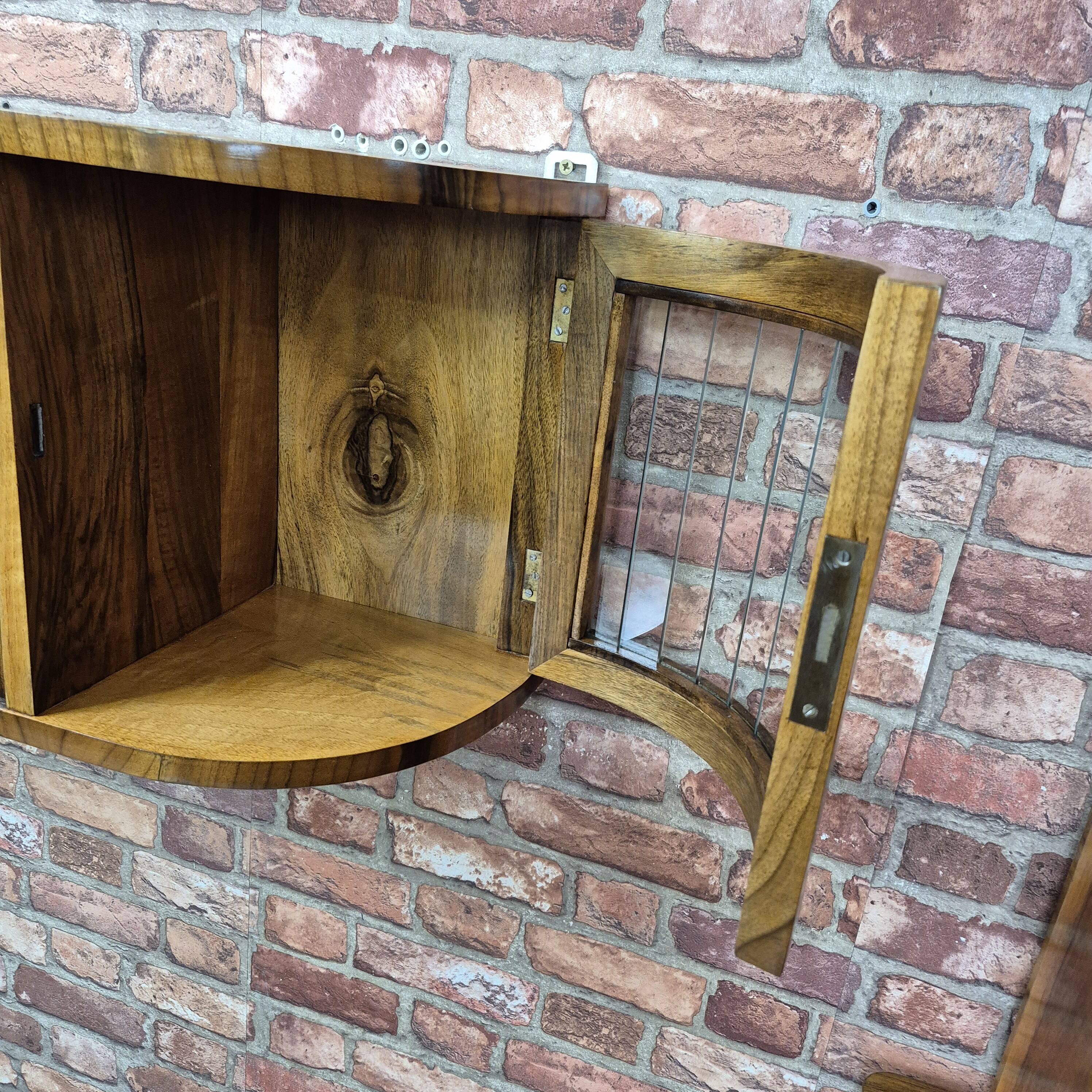Rare 3-Zone Art Deco Walnut Wall Display Cabinet with Slatted Glass Doors