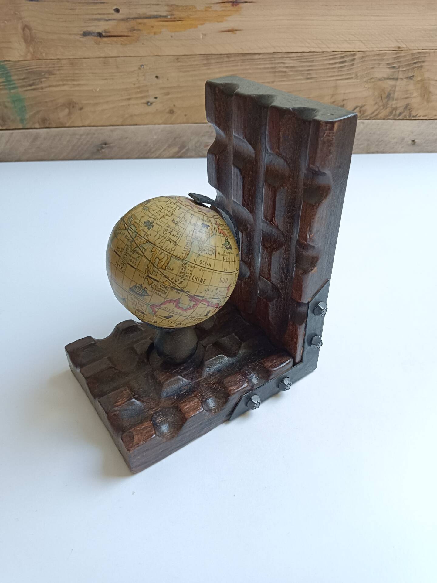 Wooden bookends globe world map